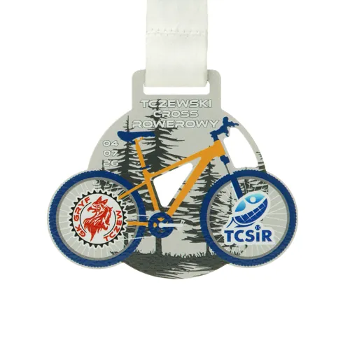 Steel medal with UV printing — a colourful event logo on a metal surface