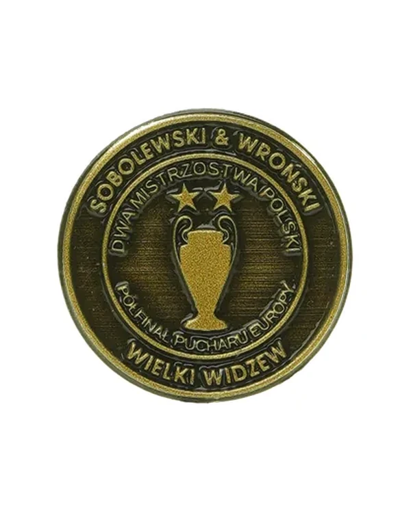 Custom “Wielki Widzew” supporter pin — antique brass casting with a gold trophy, manufacturer Spinfactory